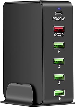 Photo 1 of FOSION Multi Ports 65W USB Fast Charging Station, 6-Port Desktop USB Wall Charger AU Plug with 20W USB C PD+ 18W QC 3.0 +4 USB 5V2A Port for iPad, iPhone 14/13/12/12/11,Galaxy,Pixel