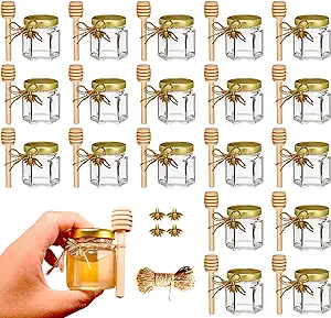 Photo 1 of 
Adabocute 20 Pack Mini Honey Jars - Elegant Glass Honey Pot With Honey Dipper, Gold Lid, Bee Pendants and Jutes - Perfect For Baby Shower Favors, Wedding Favors