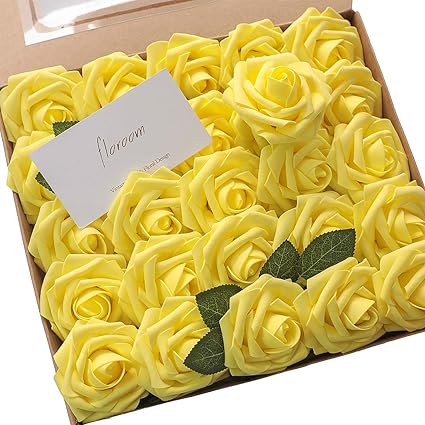 Photo 1 of Floroom Artificial Flowers 25pcs Real Looking Canary Yellow Foam Fake Roses with Stems for DIY Wedding Bouquets Baby Shower Centerpieces Floral Arrangements Party Tables Home Decorations