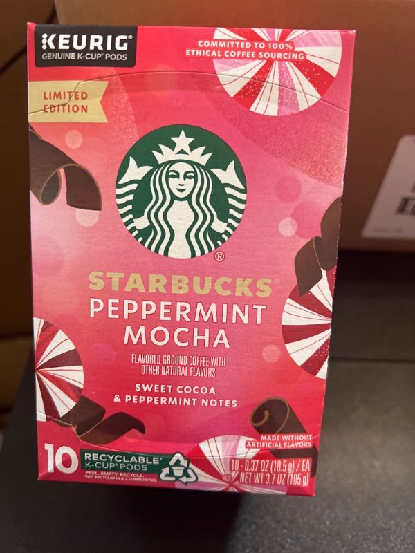 Photo 2 of Starbucks K-Cup Coffee Pods, Peppermint Mocha Naturally Flavored Coffee For Keurig Brewers, 100% Arabica, Limited Edition Holiday Coffee, 1 Box (10 Pods) 10 Count (Pack of 1)  05-25-2024