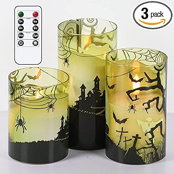 Photo 1 of Eldnacele Halloween Flickering Candles with Spider Web, Ghost, Castle Decals, Green Glass Battery Operated Flameless LED Candles with Remote, Real Wax Candles Set of 3 for Horror Spooky Decorations