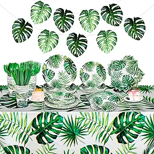 Photo 1 of Rtteri 171 Pcs Hawaiian Luau Party Supplies Tropical Palm Leaves Tableware 24 Disposable Party Dinnerware Set with Plate Napkins Tablecloth for Summer Pool Beach Cocktail Birthday Party