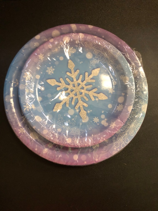 Photo 2 of 48 Pack Winter Snowflake Plates, Frozen Themed Round Paper Plates Serve 24 Guests, Wonderland Snowflakes Heavy Duty Plates for Winter Christmas Party Decorations and Frozen Birthday Party Supplies