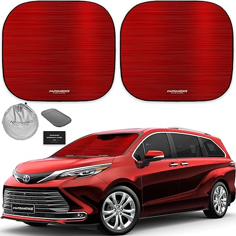 Photo 1 of Autoamerics 2-Piece Windshield Sun Shade - Metallic Red Foldable Car Front Window Sunshade for Most Cars SUV Truck - Heat Blocker Visor Protector Blocks Max UV Rays and Keeps Your Vehicle Cool - Small SPORTS (LARGE) METALLIC RED