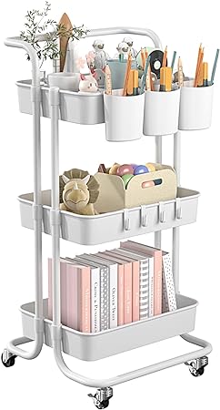 Photo 1 of 3-Tier Rolling Utility Cart Multifunctional Storage Cart Service Cart Storage Cart Cosmetic Cart with Mesh Basket Handles and Wheels Easy to Assemble for Bathroom, Kitchen, Office(White)…