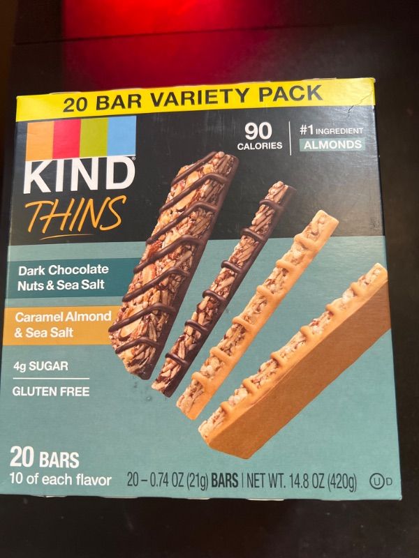 Photo 1 of KIND Thins Variety Pack, Dark Chocolate Nuts & Sea Salt, Caramel Almond & Sea Salt, Healthy Snacks, Low Calorie, 20 Count )t  BB  02-05-2024