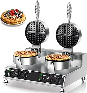 Photo 1 of PYY Commercial Waffle Maker Double Waffle Maker Large Stainless Steel Waffle Maker Silver Non-stick Electric Chaffle Maker for Restaurant Party Food Stall Green Button