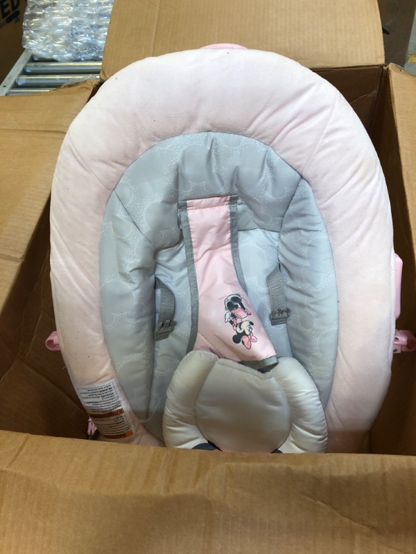 Photo 3 of Bright Starts Disney Baby MINNIE MOUSE Comfy Baby Bouncer Soothing Vibrations Infant Seat - Music, Removable -Toy Bar, 0-6 Months Up to 20 lbs (Rosy Skies)
