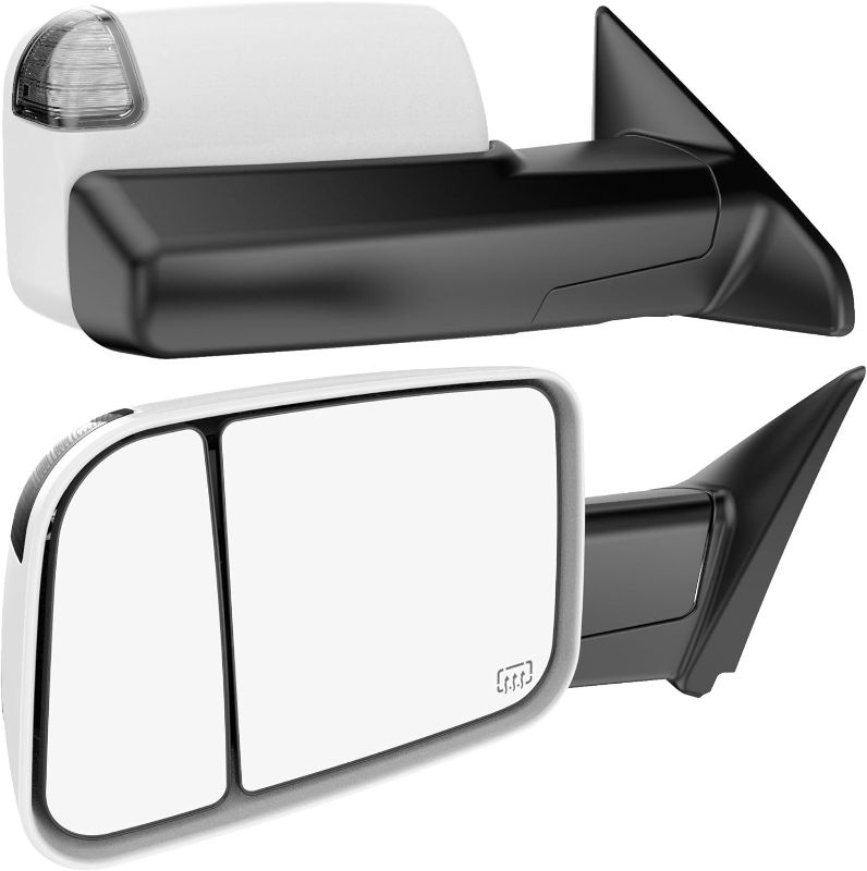 Photo 1 of Heated Tow Mirrors Compatible with 2009-2018 Dodge Ram 1500, 2010-2018 2500 3500, Flip Up Extended Trailer Towing Side Mirrors with Puddle Light, Clear Lens White Housing
