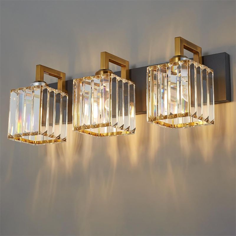 Photo 1 of Modern Crystal Bathroom Vanity Light 3-Lights Black Gold Modern Crystal Wall Lamp Bathroom Modern Crystal Vanity Lighting
