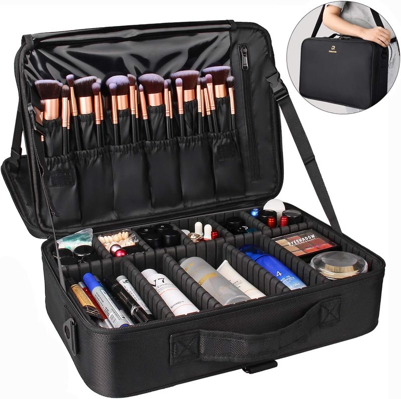 Photo 1 of Relavel Makeup Case Large Makeup Bag Professional Train Case 16.5 inches Travel Cosmetic Organizer Brush Holder Waterproof Makeup Artist Storage Box, 3 Layer Large Capacity, with Adjustable Strap
