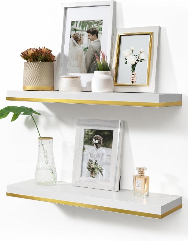 Photo 1 of Floating Shelves Set of 2, Modern White Floating Shelves for Wall 24 Inches Long Wall Hanging Shelf with Invisible Brackets for Room Wall

