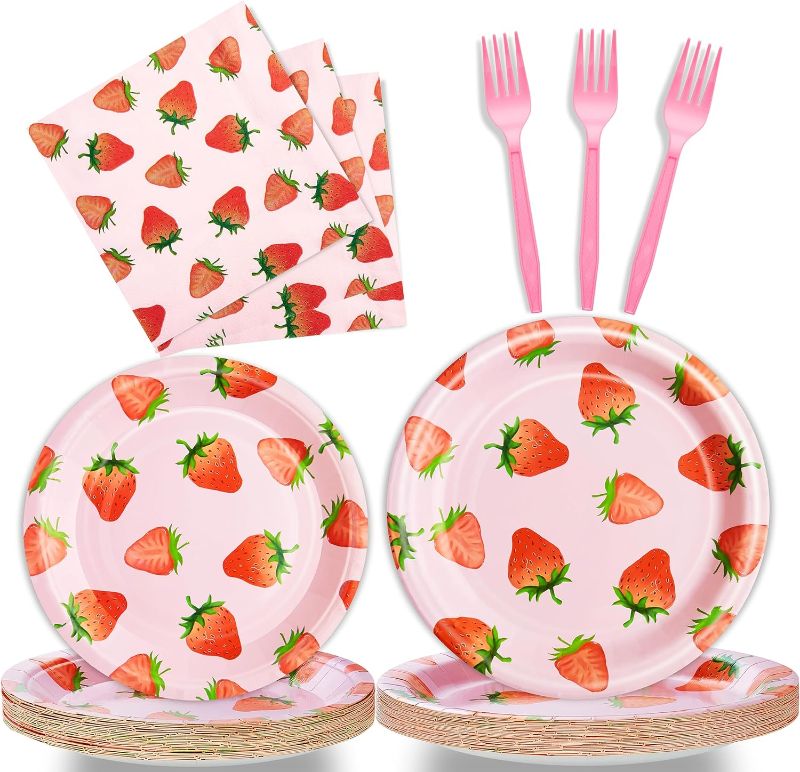 Photo 1 of 96 Pcs Strawberry Birthday Party Plates Napkins Forks Supplies Summer Fruit Tableware Set Disposable Strawberry Theme Decoration for Girls, Serves 24 Guests
