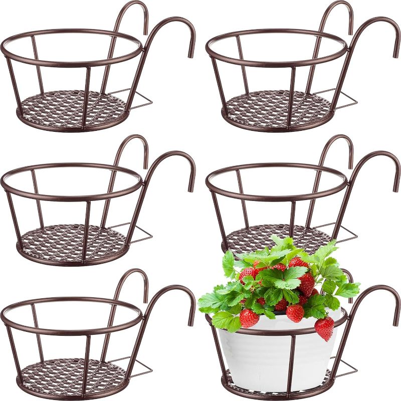 Photo 1 of 6 Pcs 8.7'' Iron Metal Railing Flower Pot Hanging Railing Planter Baskets Stair Railing Plant Holder for Patio Balcony Outdoor Plants(Bronze)
