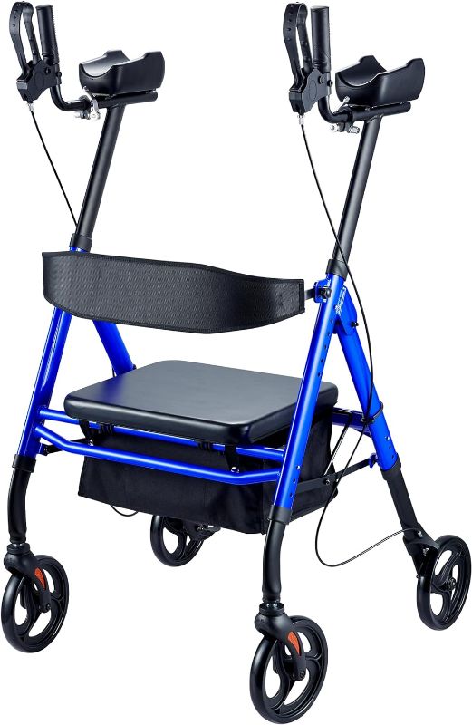 Photo 1 of UNLICON- Upright Walker?Heavy Duty Folding Rollator Walker with Seat, Height Adjustable Rollator for Elderly Disabled Seniors, Adults, Stand Up Rollator Walker with Padded Seat and Backrest?Blue
