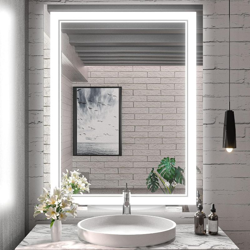 Photo 1 of Keonjinn LED Bathroom Mirror, 36 x 28 Inch Bathroom Mirror with Lights, Front Lighted Vanity Mirror, Anti-Fog Wall Mounted Dimmable Memory Brightness Front Lights Makeup Mirror (Vertical/Horizontal) Square Corner 36x28