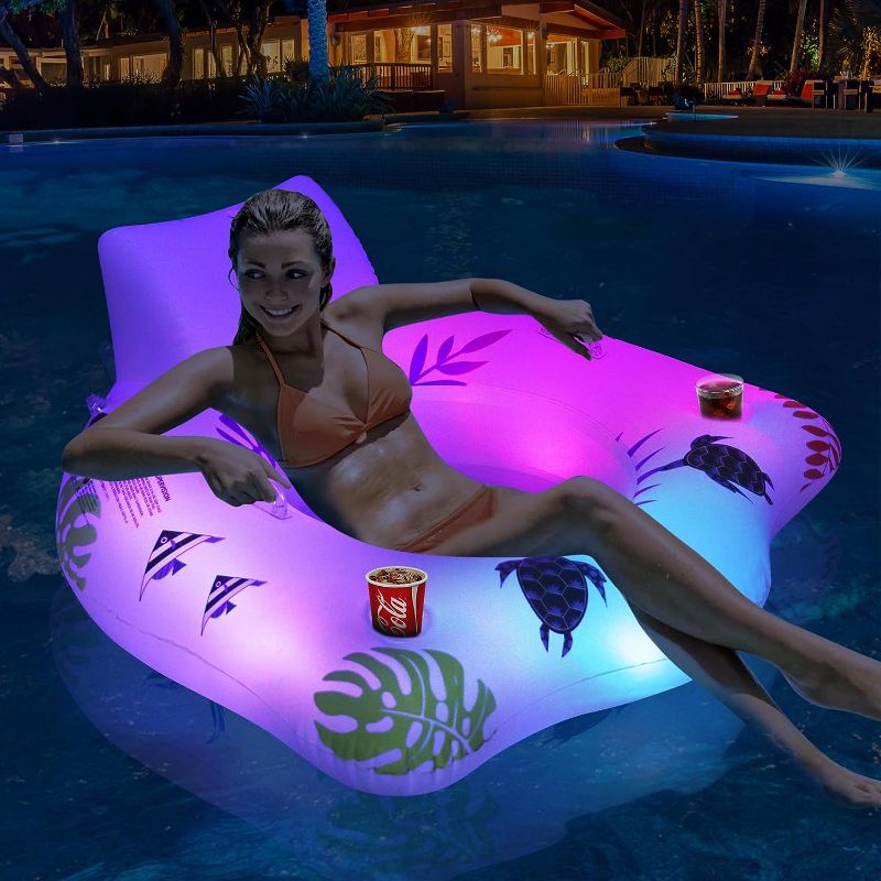 Photo 1 of Inflatable Pool Floats Chair with Color Changing Light, Solar Powered Water Floats for Adults with 2 Cup Holders & 2 Armrests, Beach Float Pool Sofa, Pool Raft Lounge Pool Floaties for Adult
