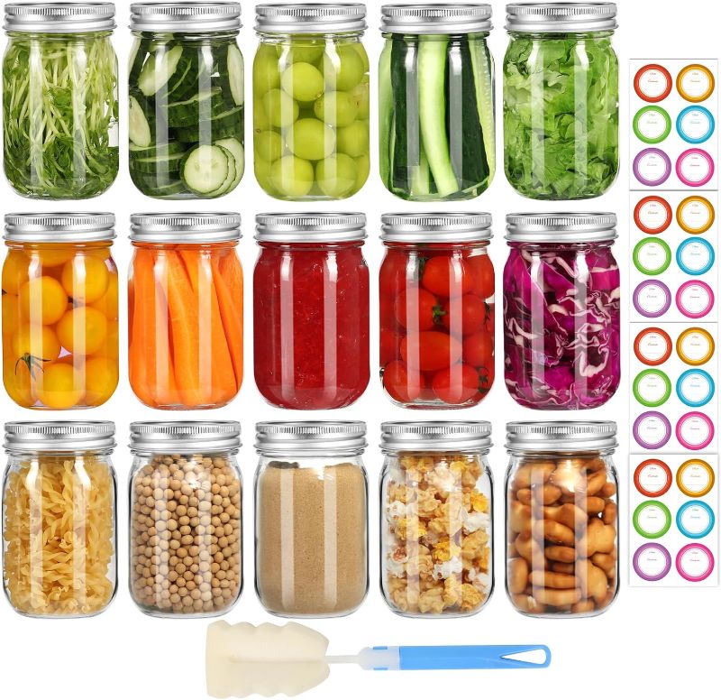 Photo 1 of Mason Jars 16 oz with Lids and Bands, 15 Pack Regular Mouth Canning Jars, Clear Glass Jars for Canning, Food Storage and Fermenting, Labels & Brusher Included - Microwave & Dishwasher Safe
