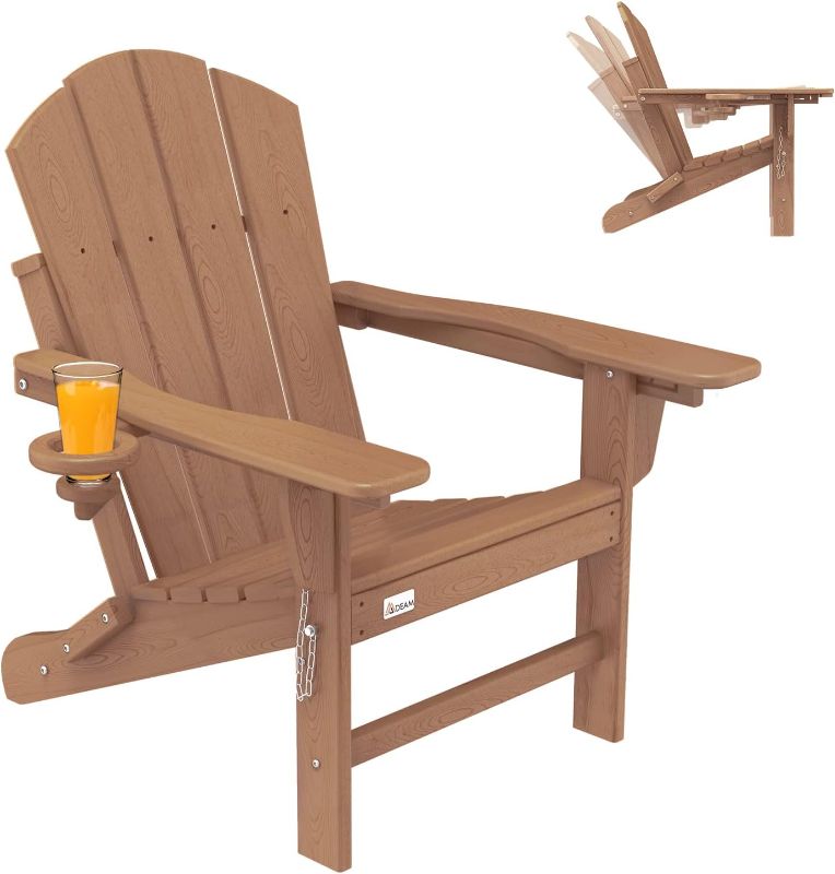 Photo 1 of Mdeam Folding Texturing Technology Adirondack Chair Adjustable Backrest with Cup Holder, Fire Pit Chairs,HDPE All Weather for Patio Lawn Outdoor, Brown
