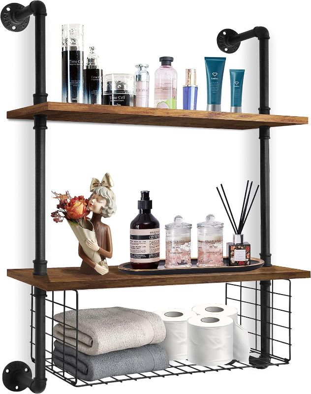 Photo 1 of Industrial  Shelving 2 Tiers 24in Bathroom Floating Shelves Wall Mounted with Paper Storage Basket Retro Wood Floating Shelf Sundries Holder for Home Decor Livingroom Bedroom