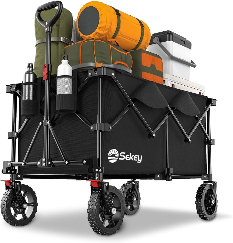 Photo 1 of Sekey 220L Collapsible Foldable Wagon with 330lbs Weight Capacity, Heavy Duty Folding Wagon Cart with Big All-Terrain Wheels & Drink Holders (Black)
