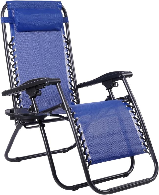 Photo 1 of Zero Gravity Folding Reclining Lounge Chair with Pillow,Adjustable Reclining Patio Chairs,Side Table for Home/Office/Camping/Pool Yard with Cup Holder (Navy Blue)
