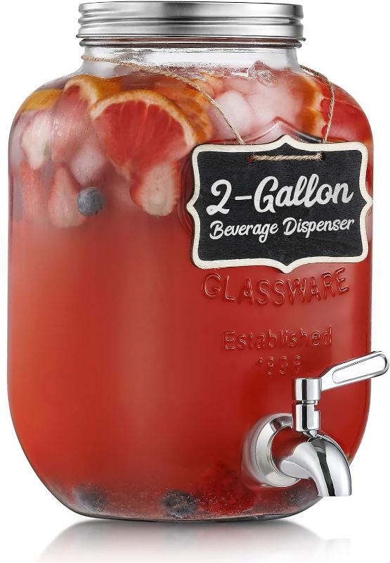 Photo 1 of Gallon Glass Beverage Dispenser, 18/8 Stainless Steel Spigot and Lid - Glass Drink Dispensers for Parties - Mason Jar Drink Dispensers with Lids - Laundry Detergent Holder