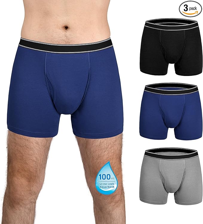Photo 1 of Washable Incontinence Boxer Briefs Underwear for Men with Front Fly Cotton Mens Leak Proof Underwear Regular Absorbency 100ml 3 Pack(Medium, Black/Gray/Navy Blue)
