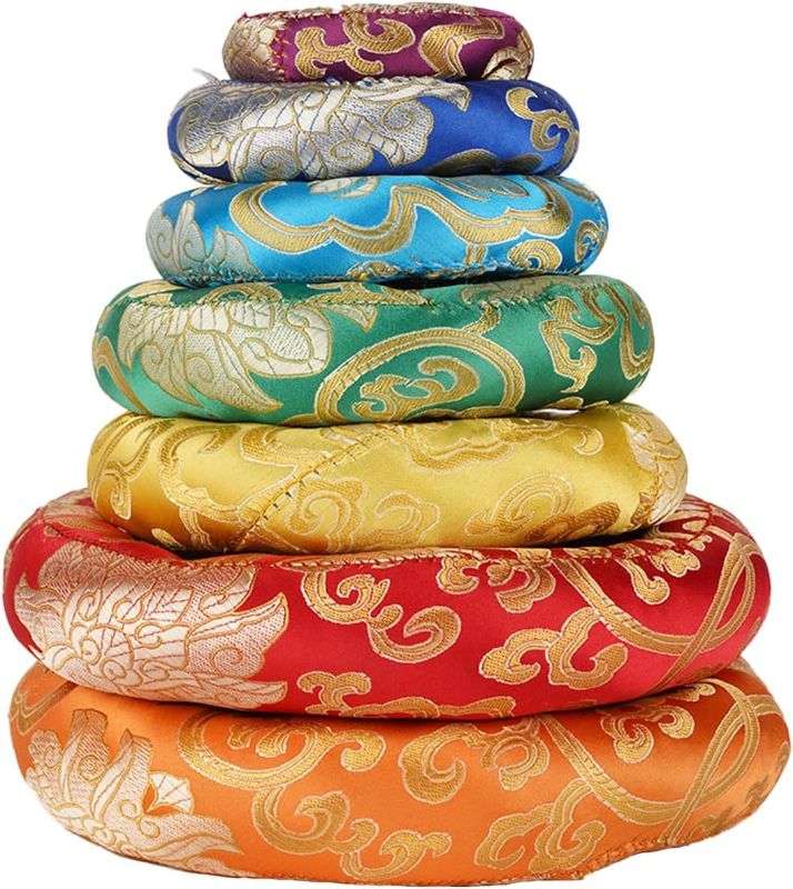 Photo 1 of 7 Pcs Silk Brocade Cushion Pillow for Singing Bowl, Silk Ring Cushions Handmade in Nepal Round Cushion for Sound Bowls Meditation Accessories
