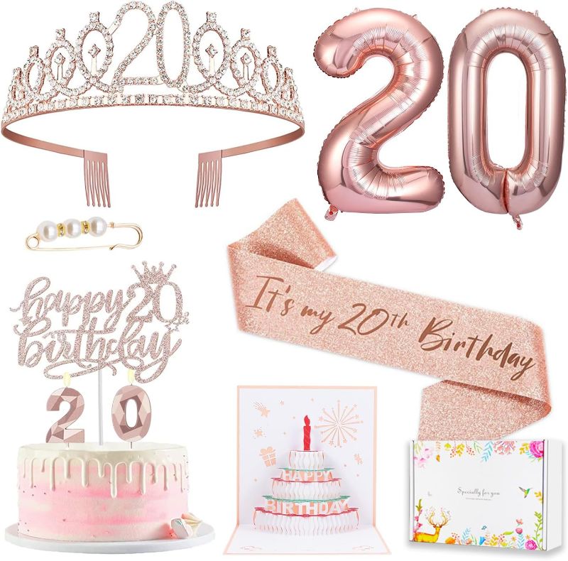 Photo 1 of 8pcs 20th Birthday Decorations for Women Girls, Including 20 year old Birthday Cake Topper, Birthday Queen Sash with Pearl Pin, Sweet Rhinestone Tiara Crown, Number Candles and Balloons Set, Rose Gold
