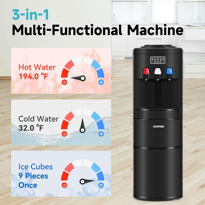 Photo 1 of ICEPURE Water Dispenser with Ice Maker, 3-in-1 Hot and Cold Water Cooler with Built-in Bullet Ice Maker Machine, 26.5lbs/24H, Top Loading for 3-5 Gallon Bottle, Child Safety Lock, Black
