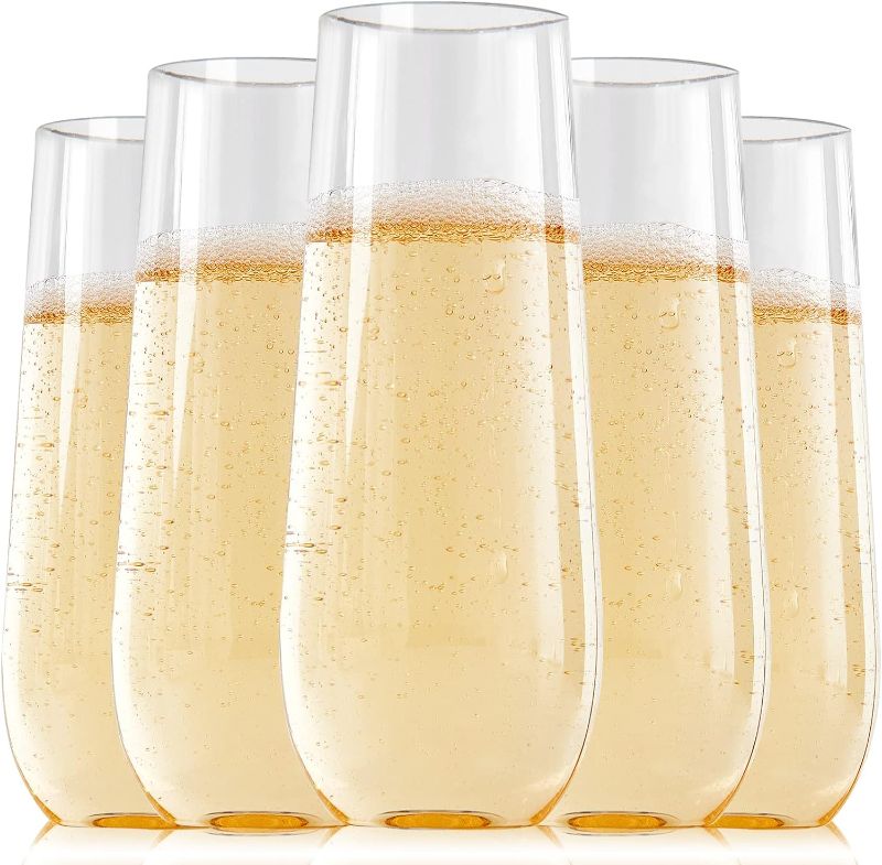Photo 1 of FOCUSLINE 24 Pack Plastic Champagne Flutes 9 Oz Stemless , Heavy Duty Clear Unbreakable Toasting Glasses | Shatterproof | Disposable | Reusable For Wedding Or Party
