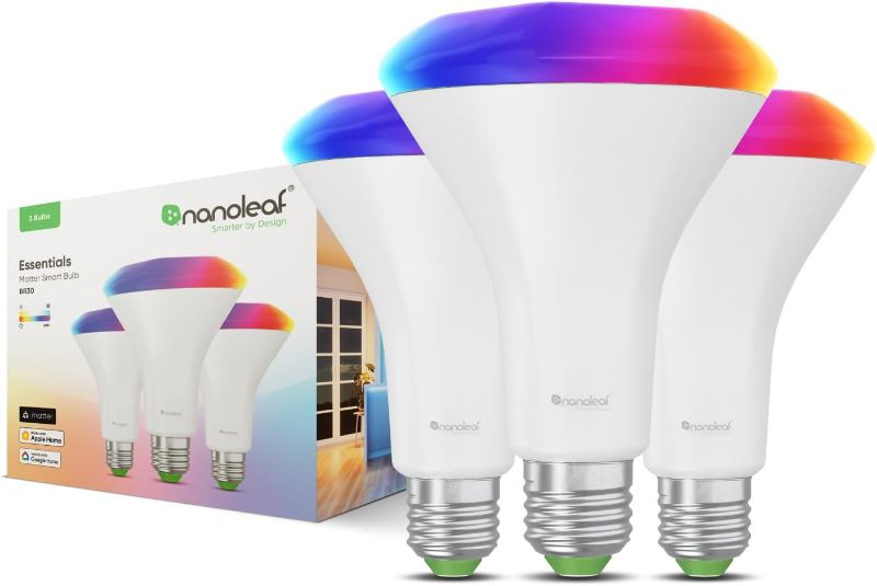 Photo 1 of Nanoleaf Essentials Smart LED Color-Changing Light Bulb (60W) - RGB & Warm to Cool Whites, App & Voice Control (Works with Apple Home, Google Home, Samsung SmartThings) (Matter BR30 (3 Pack))

