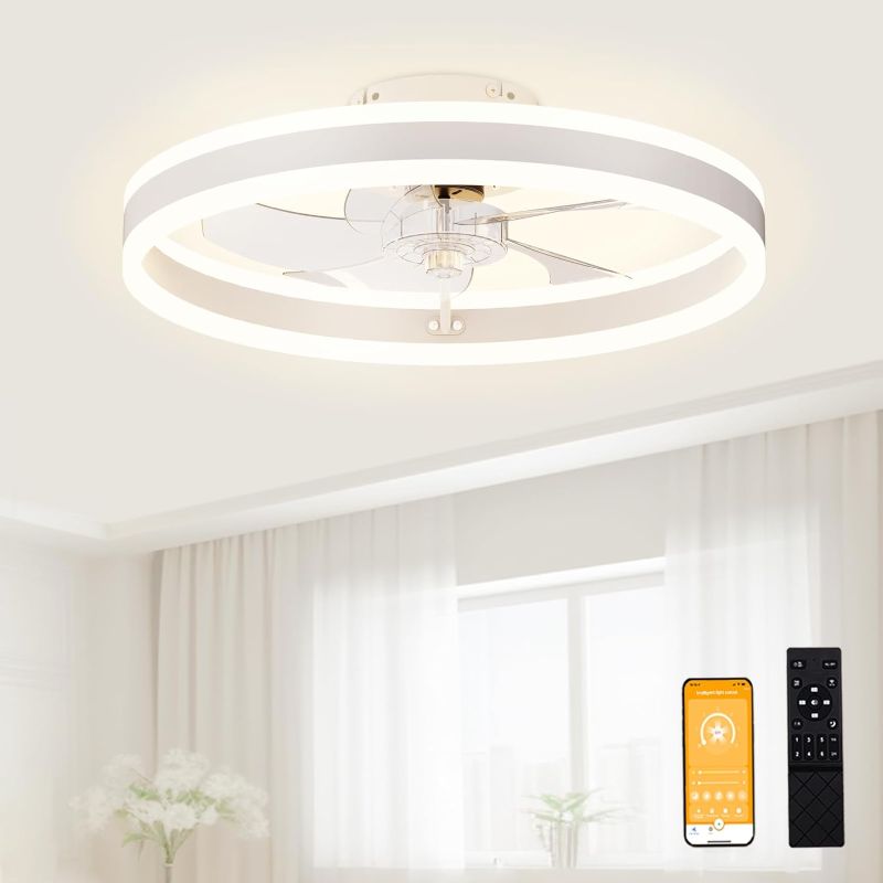 Photo 1 of VOLISUN Low Profile Ceiling Fans with Lights and Remote, 19.7in Flush Mount Ceiling Fans with Light, 3000K-6500K Dimmable Fandelier LED Fan Light, White Bladeless Ceiling Fans with Lights for Bedroom
