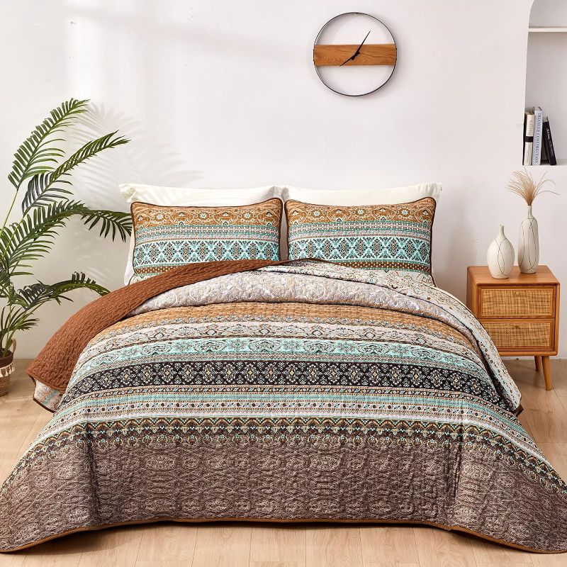 Photo 1 of WONGS BEDDING Boho Queen Quilt Set, Brown Bohemian Queen Quilt Bedding Set, Lightweight Microfiber Bed Decor Bedspread for All Season 96"x90"(3 Pieces)
