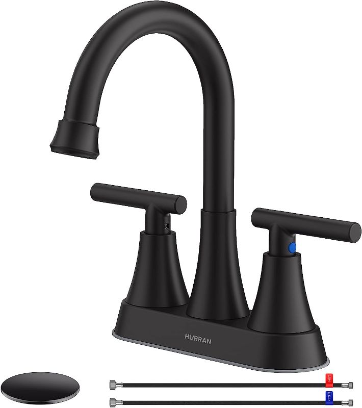 Photo 1 of Bathroom Faucets for Sink 3 Hole, Hurran 4 inch Matte Black with Pop-up Drain and 2 Supply Hoses, Stainless Steel Lead-Free 2-Handle Centerset Faucet for Sink Vanity
