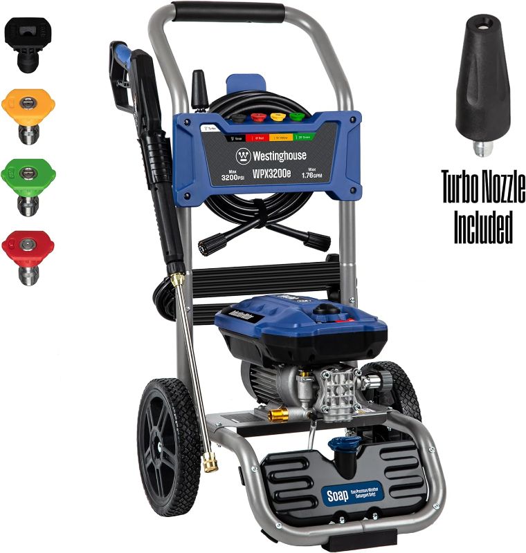 Photo 1 of Westinghouse WPX3200e Electric Pressure Washer, 3200 PSI and 1.76 Max GPM, Induction Motor, Onboard Soap Tank, Spray Gun and Wand, 5 Nozzle Set, for Cars/Fences/Driveways/Homes/Patios/Furniture, Blue
