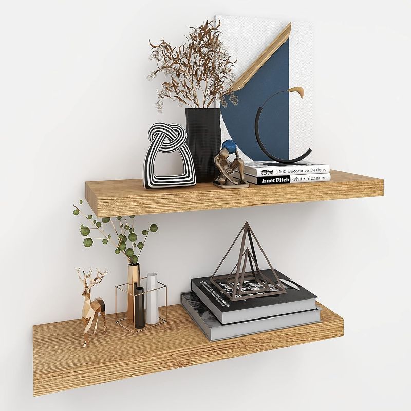 Photo 1 of INHABIT UNION Oak Floating Shelves for Wall?24in Wall Mounted Display Ledge Shelves Perfect for Bedroom, Bathroom, Living Room and Kitchen Decoration Storage (Oak)
