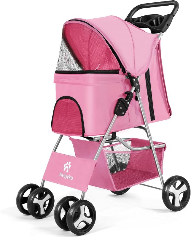 Photo 1 of Pet Dog Stroller, 4 Wheel Foldable Cat Dog Stroller with Storage Basket, Handle 360° Front Wheel Rear Wheel with Brake for Small Medium Dogs & Cats (Pink)
