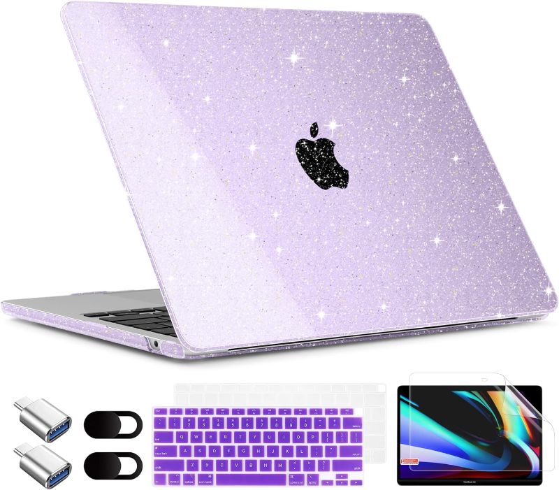 Photo 1 of TWOLSKOO for MacBook Air 13 Inch Case 2021-2018 Release M1 A2337 A2179 A1932 Touch ID, Glitter Sparkly Plastic Hard Shell Case with Keyboard Cover & Type C Adapter 2 Pack & Camera Cover, Bling Purple
