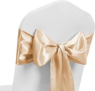 Photo 1 of MAGTOWNE Satin Chair Sashes Ties 50 Pack Universal Ribbon Knots Champagne Chair Bows for Party Wedding Reception Ceremony Baby Shower Banquet Decorations - Champagne https://a.co/d/01fsB6lj