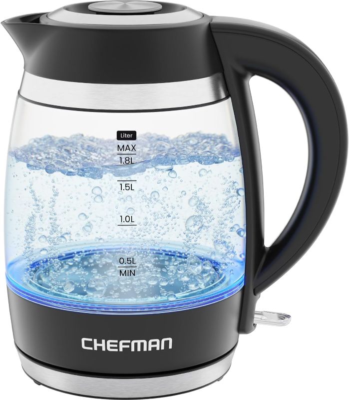Photo 1 of Chefman Electric Kettle, 1.8L 1500W, Hot Water Boiler, Removable Lid for Easy Cleaning, Auto Shut Off, Boil-Dry Protection, Stainless Steel Filter, BPA Free, Borosilicate Glass Electric Tea Kettle

