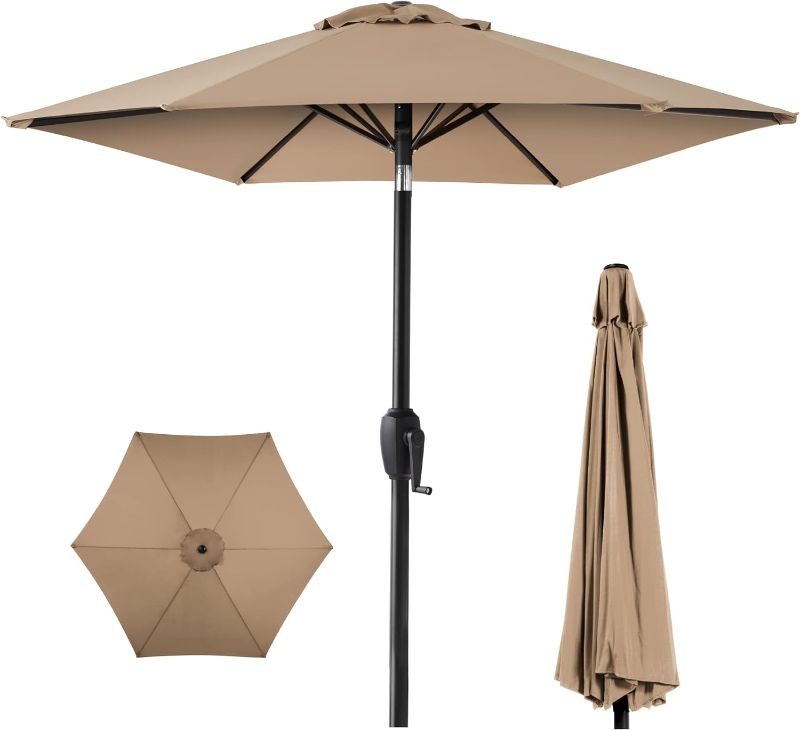 Photo 1 of Best Choice Products 7.5ft Heavy-Duty Round Outdoor Market Table Patio Umbrella w/Steel Pole, Push Button Tilt, Easy Crank Lift - Tan
