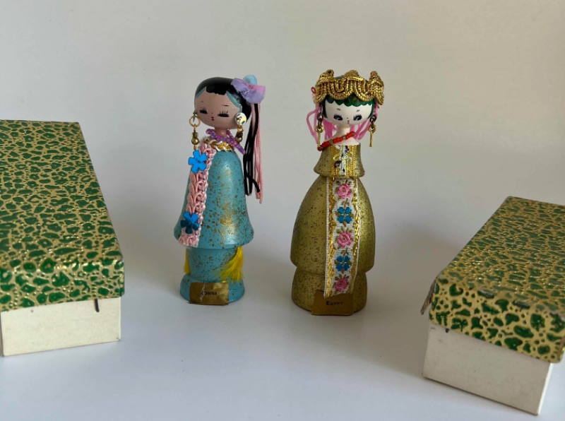 Photo 1 of 2-VINTAGE  JAPANESE KOKESHI EGYPTIAN WOOD DOLLS IN ORIGINAL BOX H 4.5"