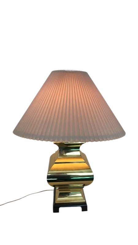 Photo 1 of VINTAGE FRENCH BRASS SHANTUNG TABLE LAMP W FAN PLEAT SHADE H 33"