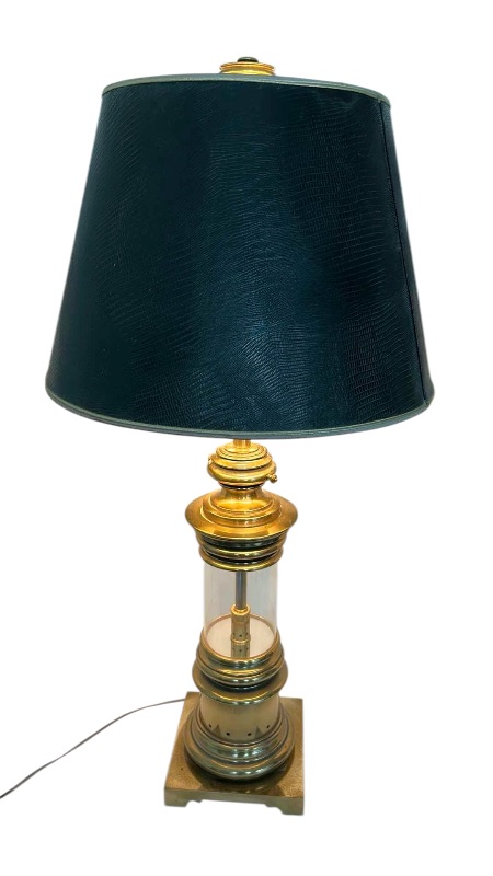 Photo 1 of VINTAGE CIRCA 1960'S BRASS & GLASS TABLE LAMP W BLACK SHADE H34"