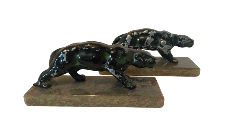 Photo 1 of 2- VINTAGE BLACK PANTHER FIGURINES MOUNTED ON ONYX BASES 