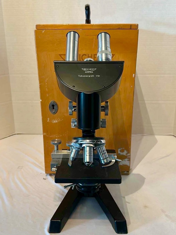 Photo 1 of VINTAGE MICROSCOPE BY REICHERT WIEN W WOOD CASE 