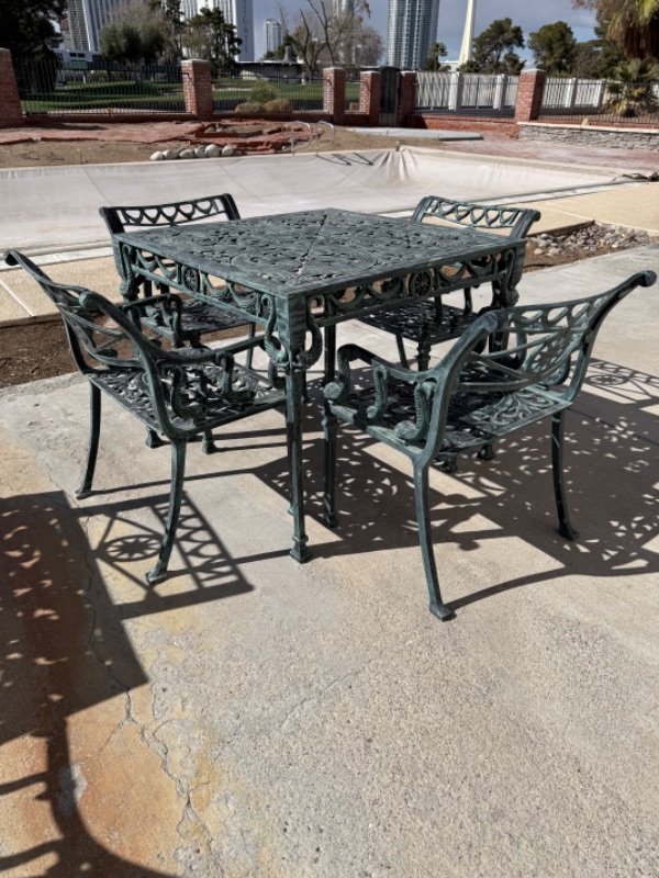 Photo 4 of 5 PCS- HEAVY ANTIQUE GREEN CAST IRON PATIO SET (TABLE 34” x 34” H28”, 4-ARM CHAIRS