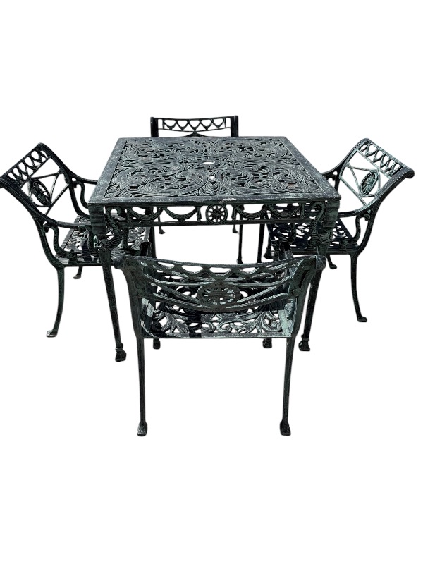 Photo 2 of 5 PCS- HEAVY ANTIQUE GREEN CAST IRON PATIO SET (TABLE 34” x 34” H28”, 4-ARM CHAIRS